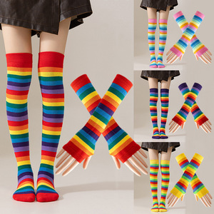Chaussettes hautes rayées arc-en-ciel pour Halloween, Noël, fête, cosplay, au-dessus du genou, pour performance, ensemble <span class=keywords><strong>de</strong></span> manchons chauffe-bras pour femme - Product Image 1