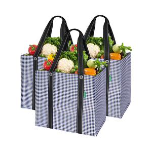 Creative Green Life Paquete de 3 bolsas de comestibles reutilizables de alta resistencia Asas fuertes de fondo duro a cuadros azules Compras plegables - Product Image 1