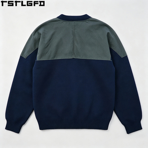 Custom Suede Panelled Knitted <b>Sweater</b> Henley Collar Contrast Shoulder Patch <b>Vintage</b> Pullover Smart Casual Wholesale Bulk - Product Image 4