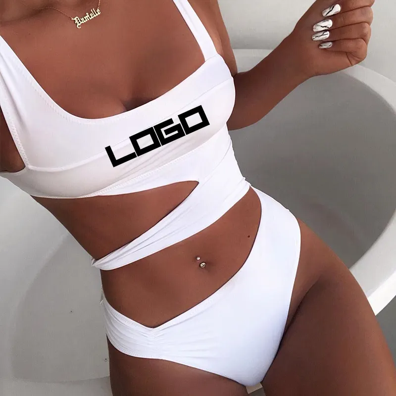 2022 Pantai Desainer Logo Kustom Warna Solid Pakaian Renang Satu Potong Warna Solid Satu Potong Bikini Set Wanita Baju Renang Berongga