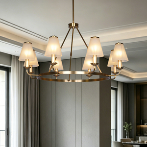 Lustre moderne de luxe à 8 lumières en acier inoxydable doré avec abat-jour en verre côtelé, élégante suspension pour éclairage intérieur - Product Image 2
