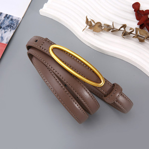 Ceinture élégante pour <span class=keywords><strong>femme</strong></span> en cuir véritable, fine, avec boucle ovale dorée vintage, nouvelle ceinture en cuir véritable pour robe et jean - Product Image 1