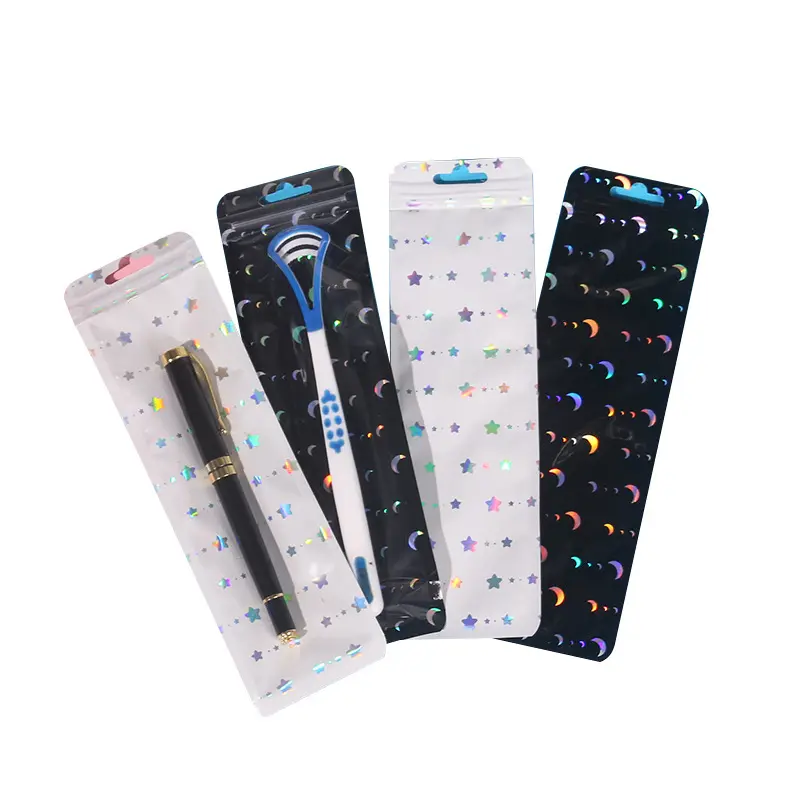 Heart Star Long Resealable Foil Pouch Pen Bag Ziplock Packaging Lipgloss Jewelry Cosmetic Candy Pen Packaging Bags for Small Bus