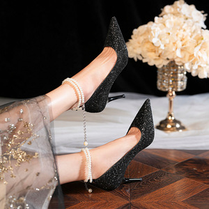 Escarpins à bout pointu en tissu pailleté avec bride de cheville perlée, talons hauts, chaussures de mariée pour femmes - Product Image 3