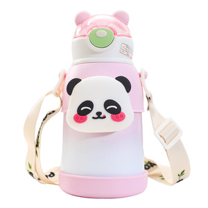Bouteille d'eau isotherme en acier inoxydable 316 avec poignée et paille pour enfants, motif panda dessin animé - Product Image 5