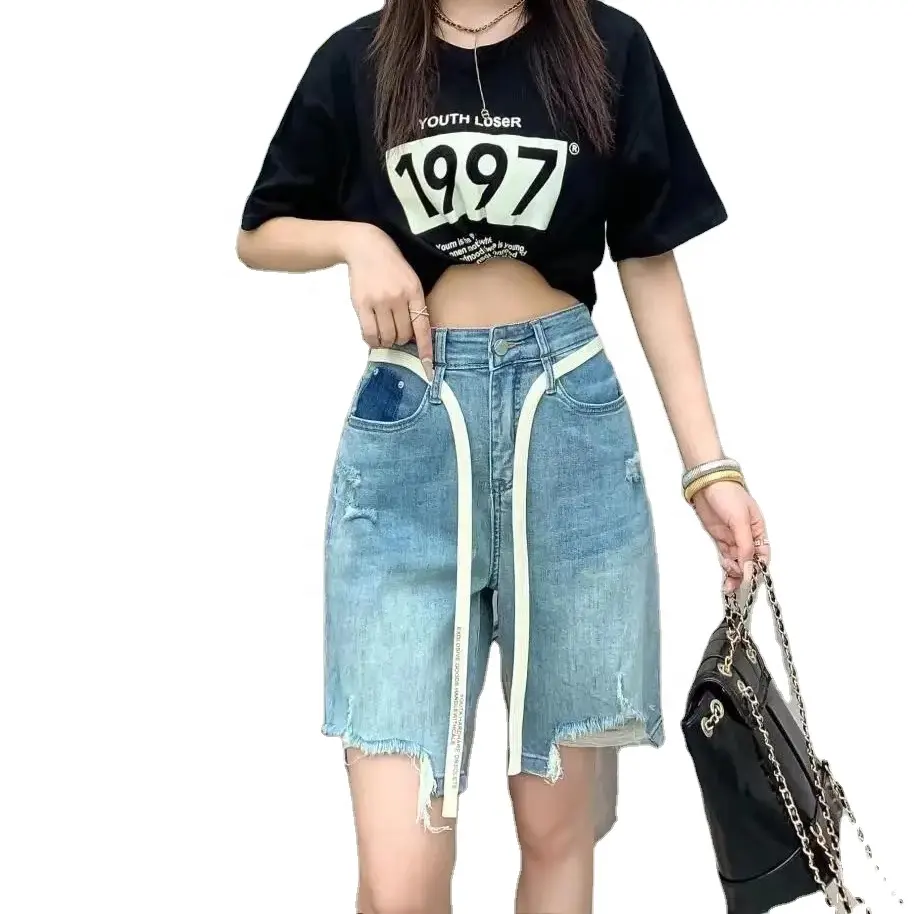 Custom Denim Shorts Fashion Jeans Shorts High Quality Summer for Women Women's High Waist Mid-length Knitted