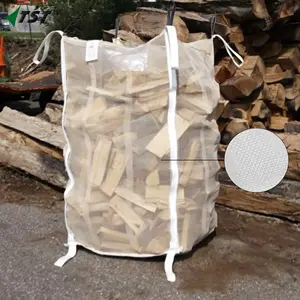 कस्टम लोगो के साथ पीपी+यूवी सामग्री प्लास्टिक जाल बैग, सपाट तल और शीर्ष पर चार लूप के साथ जलाऊ लकड़ी जाल बैग