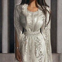 Lscz170 Kaftan de luxe marocain de Dubaï, élégant, en mousseline ivoire, longueur ras du sol, coupe trapèze, orné de perles, d'applications et de paillettes, avec soutien-gorge intégré, pour soirée