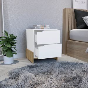 DB Haines Modern White/Macadamia Mesita de noche de 2 cajones con base resistente Depot E-Shop Panel de mesa Estilo madera para uso en apartamentos - Product Image 5
