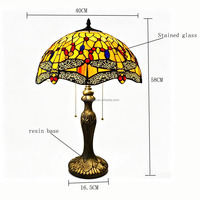 Lampu Meja Gaya Eropa 16'' Desain Kaca Patri Capung dengan Alas Resin, Lampu LED DC Ramah Mata untuk Ruang Belajar, Ruang Makan, Ruang Tamu