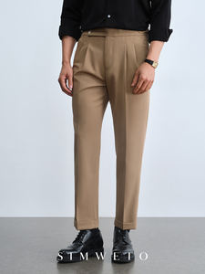 Итальянские деловые брюки цвета хаки из Неаполя, не требующие глажки, с пряжкой в стиле Париж, формальные, с черным подолом - Product Image 5