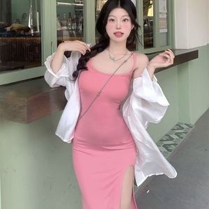 Blue Sleeveless Bodycon Midi Dress With Slit Scoop Neck Natural Waistline Solid Color Cocktail Dress For Women - Product Image 4