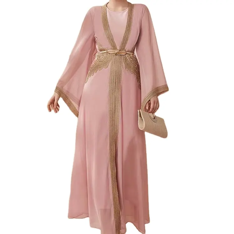 Abaya – robe élégante brodée de couleur rose pour femmes musulmanes, vêtements islamiques