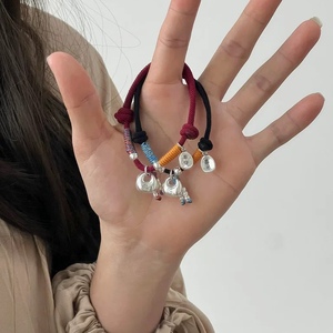 Pure Silver Chubby Lucky Bag <b>Rope</b> <b>Bracelet</b> Wine Red And Black Braided Charm Unisex Gift Jewelry - Product Image 2