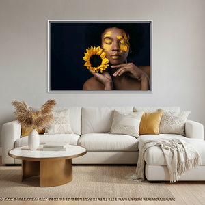 African Woman and Sunflower <b>Canvas</b> Print: Boho Wall Decor,WHITE <b>FRAMED</b> <b>CANVAS</b> - Product Image 3