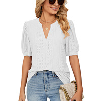T-shirt ample décontracté pour femme, col en V, couleur unie, manches bouffantes évidées, style streetwear, collection été