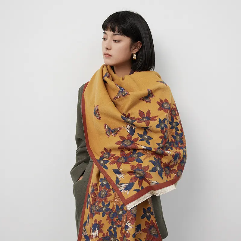 Manufacturer Wholesale Fashion Winter Thick Flower Pashmina Scarf Wrap Women Big Cashmere Butterfly Print Blanket Shawl Scarfs