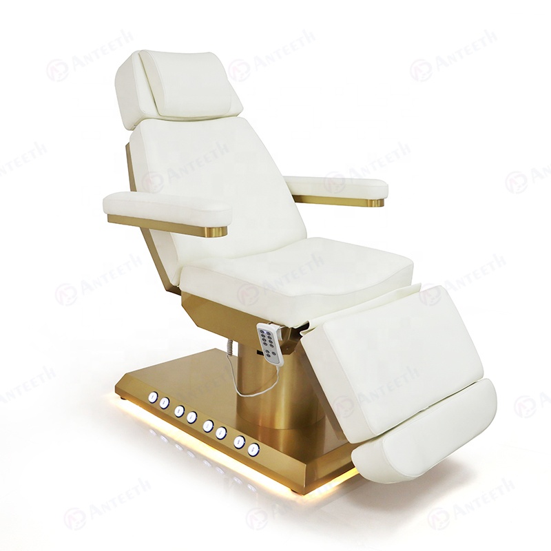 Muebles de salón 3/4 Motores Silla de salón de belleza Base de metal dorado Cama cosmética Control de pie incorporado Cama facial eléctrica