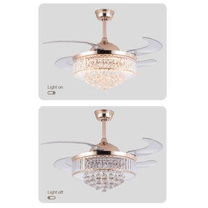 Ventilateur <span class=keywords><strong>de</strong></span> plafond rétractable invisible à LED <span class=keywords><strong>avec</strong></span> lumière et télécommande AIERTEC 42'' Cristaux Lustre 4 pales en ABS Tout en cuivre Moto - Product Image 5