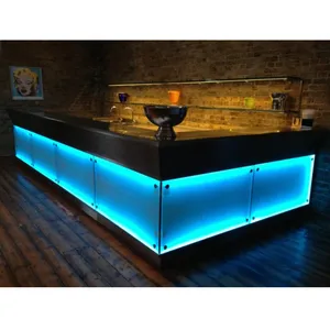 Hitam Corian Permukaan Padat Batu Atas Furnitur Bar Cahaya Modern Bentuk L Counter Led untuk Dijual