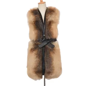 New Arrival Fluffy Female Waistcoat Real Fox Fur Gilet With Belt Winter Warm Vest S7896