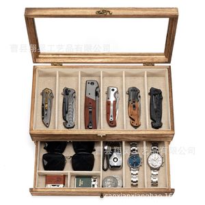Wooden Knife <b>Storage</b> <b>Box</b> Double Layer <b>Drawer</b> Style With Lid For Knives Watches Sunglasses Display Rectangular Carbonized Color - Product Image 1