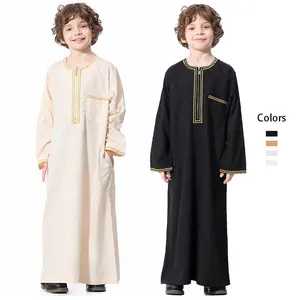 Großhandel islamische Stickerei Kleid Thawb Caftan mit Reiß verschluss Tasche Langarm muslimische Jungen Kleidung Kinder Abaya