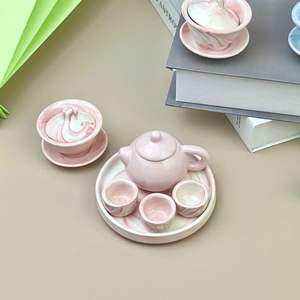 Mini service à thé créatif en céramique pour enfants à texture marbrée bleue et rose un pot quatre tasses - Product Image 2