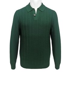 Olive Green Ribbed <b>Knit</b> Polo <b>Sweater</b> Men Long Sleeve Pullover Collared <b>Cable</b> <b>Knit</b> Casual Autumn Top - Product Image 3