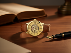 Orologio Meccanico da Uomo 38mm Cassa Dorata Cinturino in Pelle Quadrante Analogico Vintage Traforato Cassa Rotonda - Product Image 2