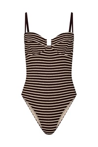 Costume da bagno intero monokini da donna con logo personalizzato, a righe cacao testurizzate, con spalline regolabili, schiena con cut-out e taglio sgambato a vita alta - Product Image 6