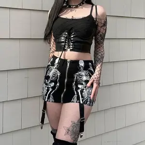 CF23016 Goth Dark Skull Graphic Mall Gothic Aesthetic Mini Skirts Grunge Punk Low Raise Emo Sexy Skinny Skirt Zip Up Alt Clothes