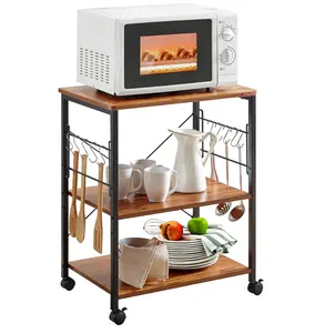 Étagère à micro-ondes à roulettes à 3 niveaux, chariot de cuisine pour micro-ondes avec étagère de rangement en bois - Product Image 1