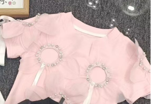 T-shirt d'été en coton à manches courtes pour filles, avec perles mignonnes, col polo, motif 3D, séchage rapide et respirant - Product Image 2