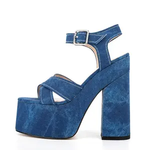 15CM High Chunky Heels Thick Platform Women's Denim Sandals Square Open Toe Cross Strap Girl Blue Summer Shoes