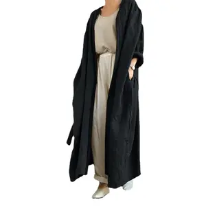 Korean style casual collarless cotton and linen light and loose cardigan long coat