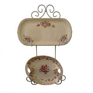 Étagère murale vintage en fer à 2 niveaux, design floral, support de rangement pour ustensiles de cuisine, support de rangement multifonction pour assiettes - Product Image 1