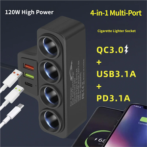 新しい4-in-1カーチャージャー＆カーシガレットライターアダプター、QC3.0、<span class=keywords><strong>USB</strong></span>、PD急速充電ポート搭載、12V/24V車両対応 - Product Image 5