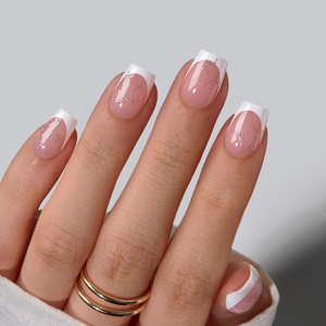 Faux ongles extra courts en forme de cercueil, de haute qualité, en gel souple, motif étoile, style ballerine, French manucure, faits à la main, à presser - Product Image 1