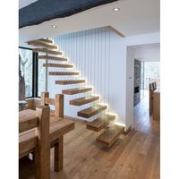 Escalier flottant droit moderne avec rampe en verre pour villa et appartement, utilisation intérieure, construction en bois massif naturel