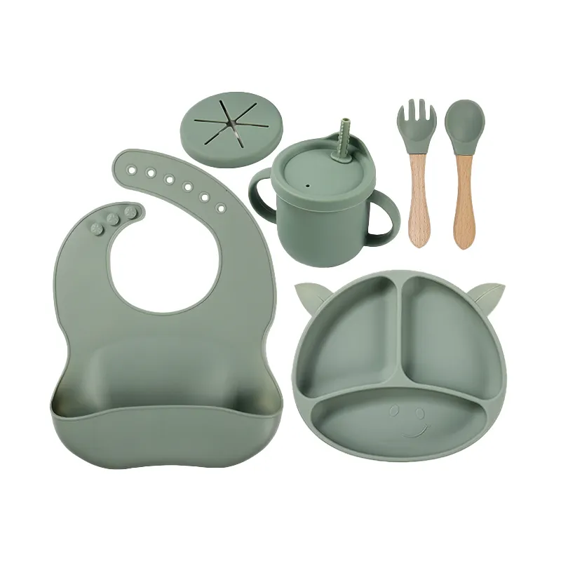 Set di stoviglie per bambini personalizzate BPA Free Babi piatti Set per mangiare il bambino Set per l'alimentazione in Silicone con piastra di aspirazione a forma di animale per il bambino