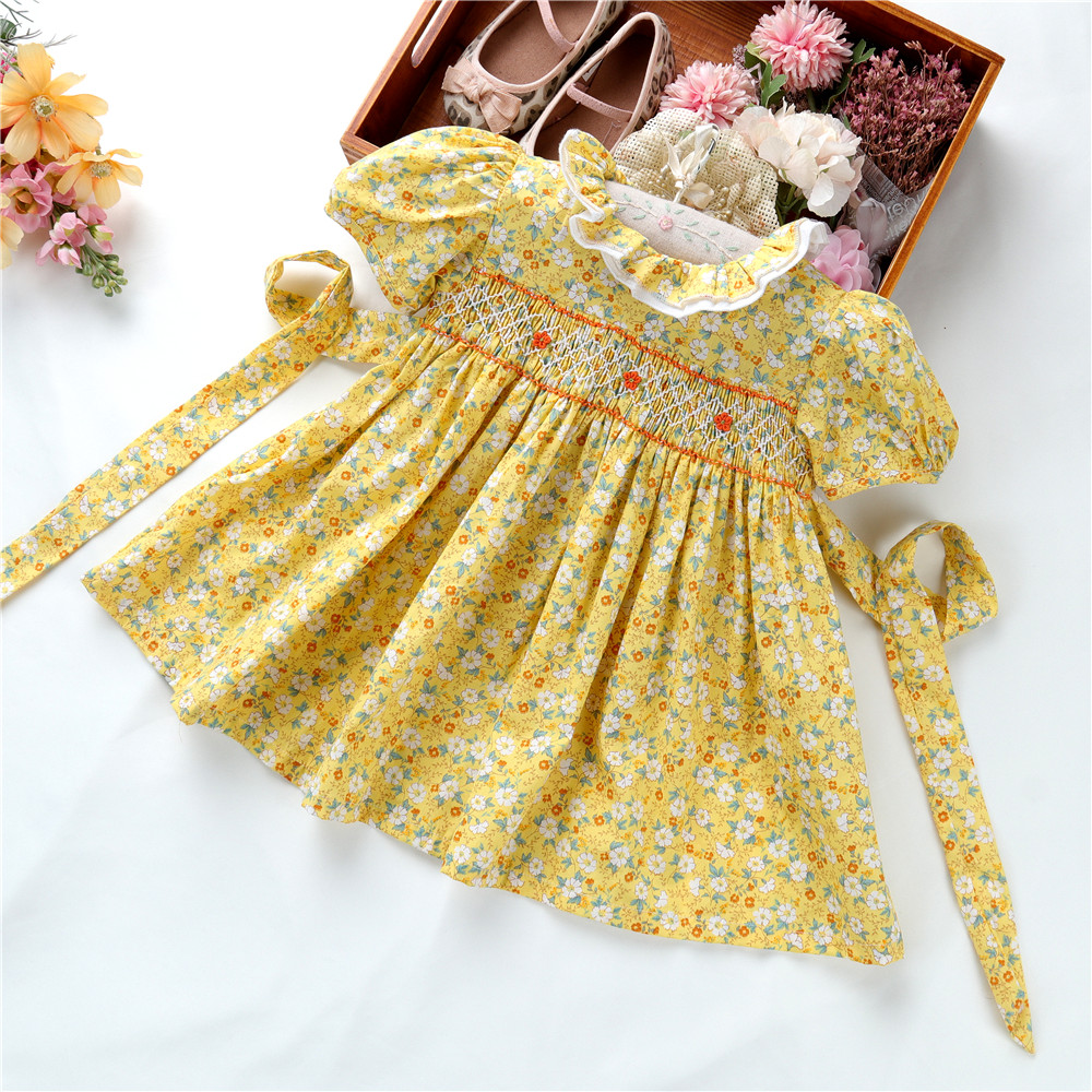1153 summer flower infant little baby girls handmade smocked dress yellow ruffles children clothes wholesale
