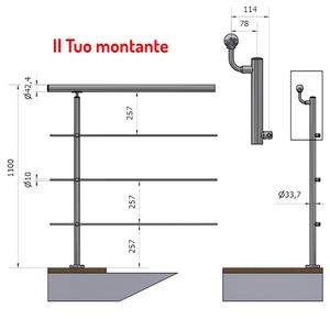 UPRIGHT Ø 33.7 OFFSET <b>HANDRAIL</b> 3 CROSSBEAMERS AISI 304 SATIN STAINLESS STEEL FIXING Ground Height <b>Balustrades</b> <b>Handrails</b> - Product Image 1