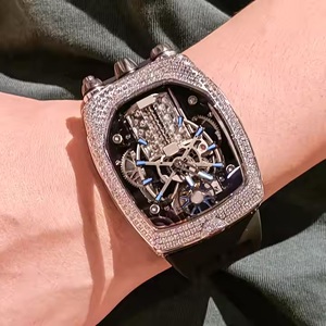 Montre-bracelet squelette mécanique automatique de luxe pour homme, boîtier tonneau de haute qualité, incrustée de diamants, style hip-hop, montre glacée - Product Image 2