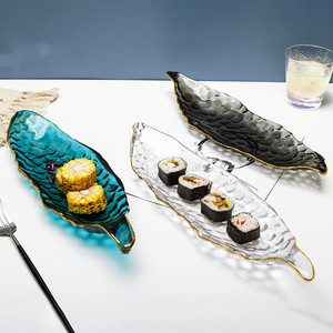 <span class=keywords><strong>Assiette</strong></span> en verre créative à bord doré de luxe léger, style nordique, grande <span class=keywords><strong>assiette</strong></span> à sushi irrégulière, plateau en verre pour le salon - Product Image 1