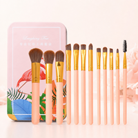 Kit de 12 pinceaux de maquillage rose pour le visage avec étui de rangement métallique – Pinceaux pour poudre, fond de teint, blush et sourcils