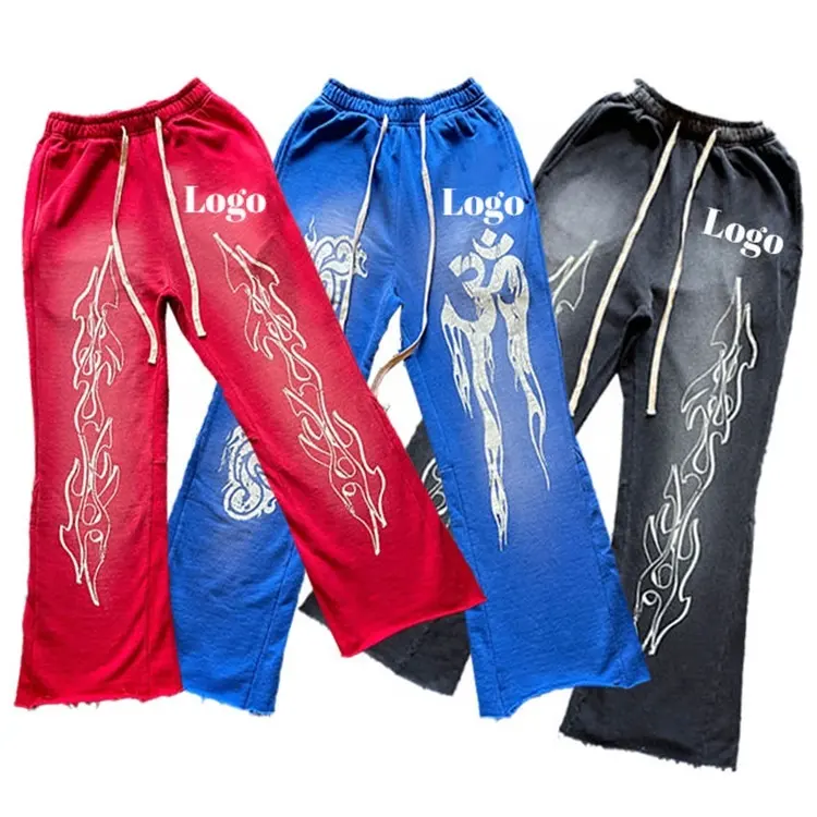 Özel Logo gevşek puf baskı grafik pantolon Jogger parça Flare ter pantolon Sweatpants erkek Jogger