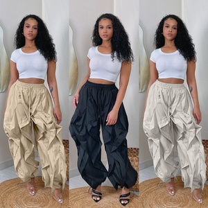 Pantalon de jogging ample pour femme à volants et franges, taille élastique avec cordon de serrage, coupe lanterne, style parachute, jambe large - Product Image 2