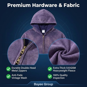 Sudadera con capucha con cremallera de doble vía, lavado ácido, morado, de forro polar grueso, efecto desgastado, estilo urbano, para hombre y mujer, venta al por mayor, personalizable - Product Image 5