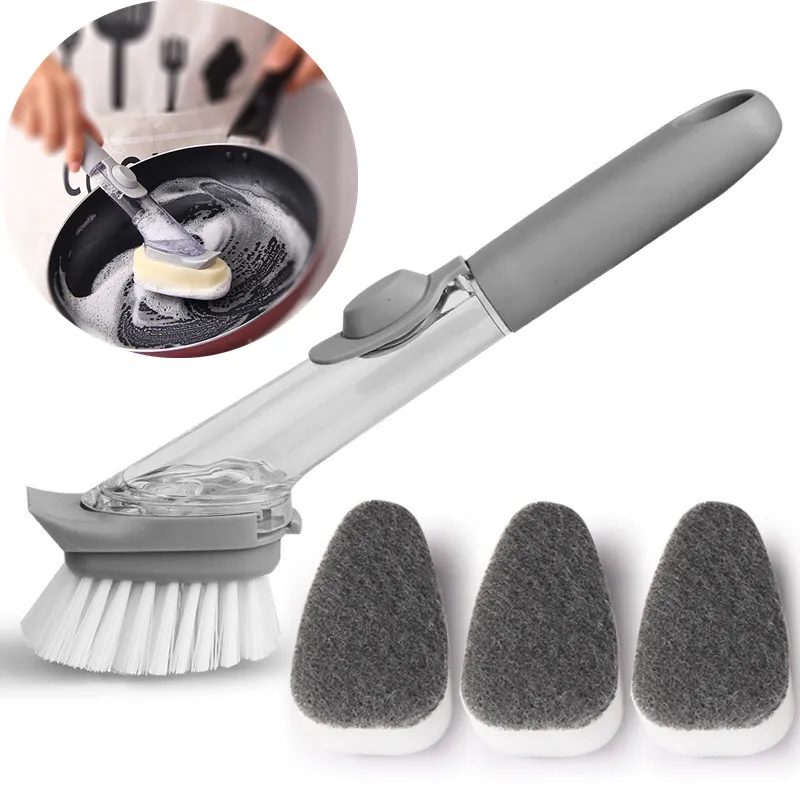 Hydraulic Kitchen pan scrub Cleaning Brush set 2 In 1 Long Handle Cleaning Brush With Sponge dishwashing liquid Dispenser brush